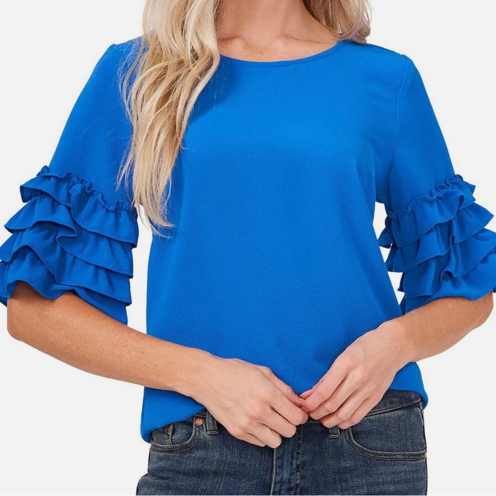CeCe Women’s Chiffon Tiered Blouse Ruffle Bell Sleeves Deep Cosmic Blue Size XS